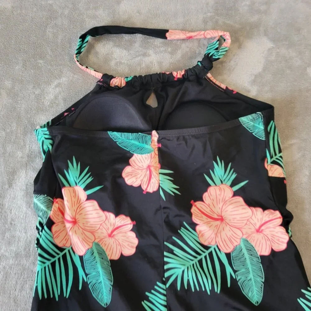 Crane Womens Swimsuit XXL Plus One Piece Halter Keyhole Pink Black FLO97E